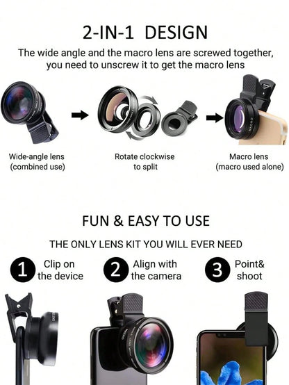 2 In 1 Phone Wide Angle Macro Clip Lens Compatible With Iphone Android Phone For Summer Vacation, Travel, Creative Photography Phone Accessories, Phone Lens