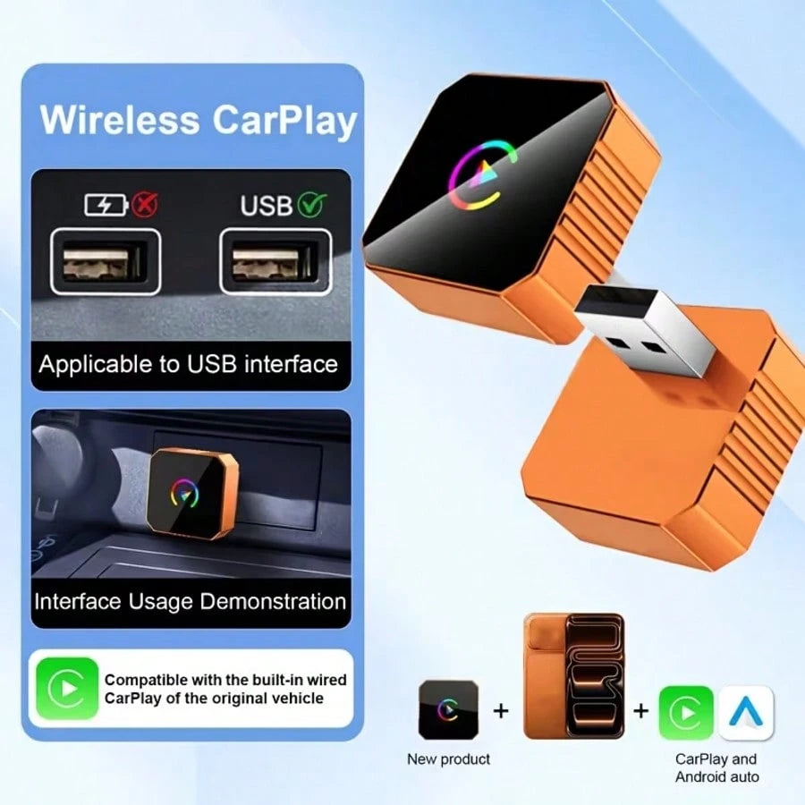 2-In-1 Wireless CarPlay Adapter And Android Auto 2026 Upgrade, Converts Wired CarPlay To Wireless, Fast Auto-Connect, Mini USB Design, With Colorful Breathing Light, Compatible With IPhone 6+/ Androi