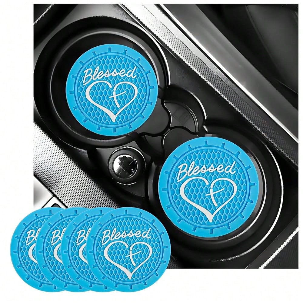2 PCS Car Cup Holder Coasters, 2.76 Inch Anti Slip Vehicle Drink Mats With Cute Blessed Cross And Heart, Shockproof, Universal Car Acce