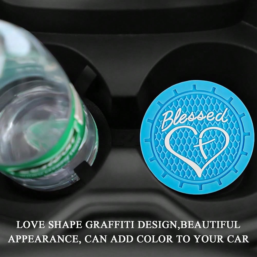 2 PCS Car Cup Holder Coasters, 2.76 Inch Anti Slip Vehicle Drink Mats With Cute Blessed Cross And Heart, Shockproof, Universal Car Acce