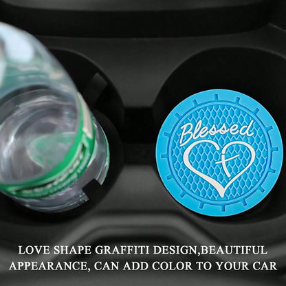 2 PCS Car Cup Holder Coasters, 2.76 Inch Anti Slip Vehicle Drink Mats With Cute Blessed Cross And Heart, Shockproof, Universal Car Acce