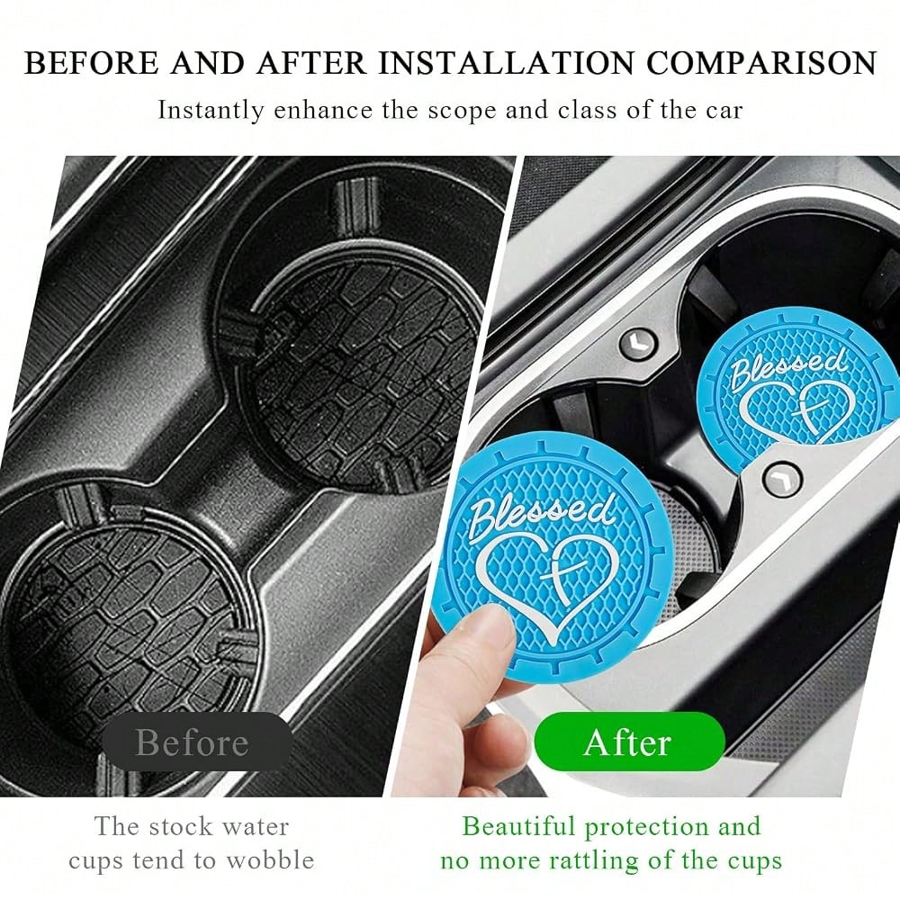 2 PCS Car Cup Holder Coasters, 2.76 Inch Anti Slip Vehicle Drink Mats With Cute Blessed Cross And Heart, Shockproof, Universal Car Acce
