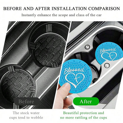 2 PCS Car Cup Holder Coasters, 2.76 Inch Anti Slip Vehicle Drink Mats With Cute Blessed Cross And Heart, Shockproof, Universal Car Acce