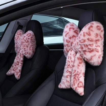 2 Pcs Car Neck Pillow Plush Bow Headrest Pillow Beige Leopard Seat Neck Support Accessories For Driving Travel