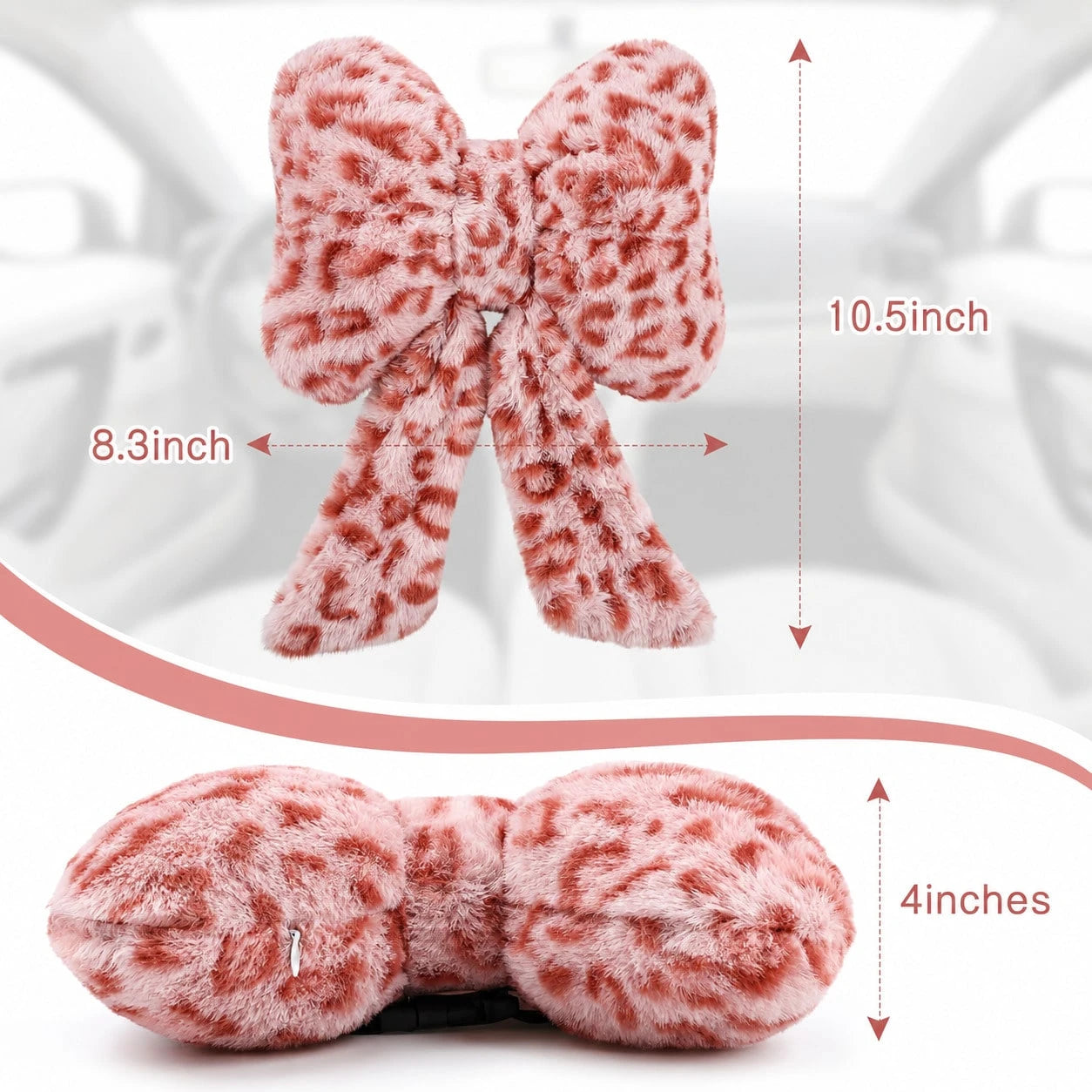 2 Pcs Car Neck Pillow Plush Bow Headrest Pillow Beige Leopard Seat Neck Support Accessories For Driving Travel