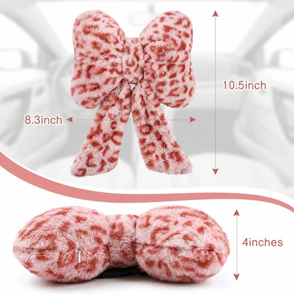 2 Pcs Car Neck Pillow Plush Bow Headrest Pillow Beige Leopard Seat Neck Support Accessories For Driving Travel