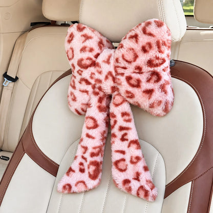 2 Pcs Car Neck Pillow Plush Bow Headrest Pillow Beige Leopard Seat Neck Support Accessories For Driving Travel