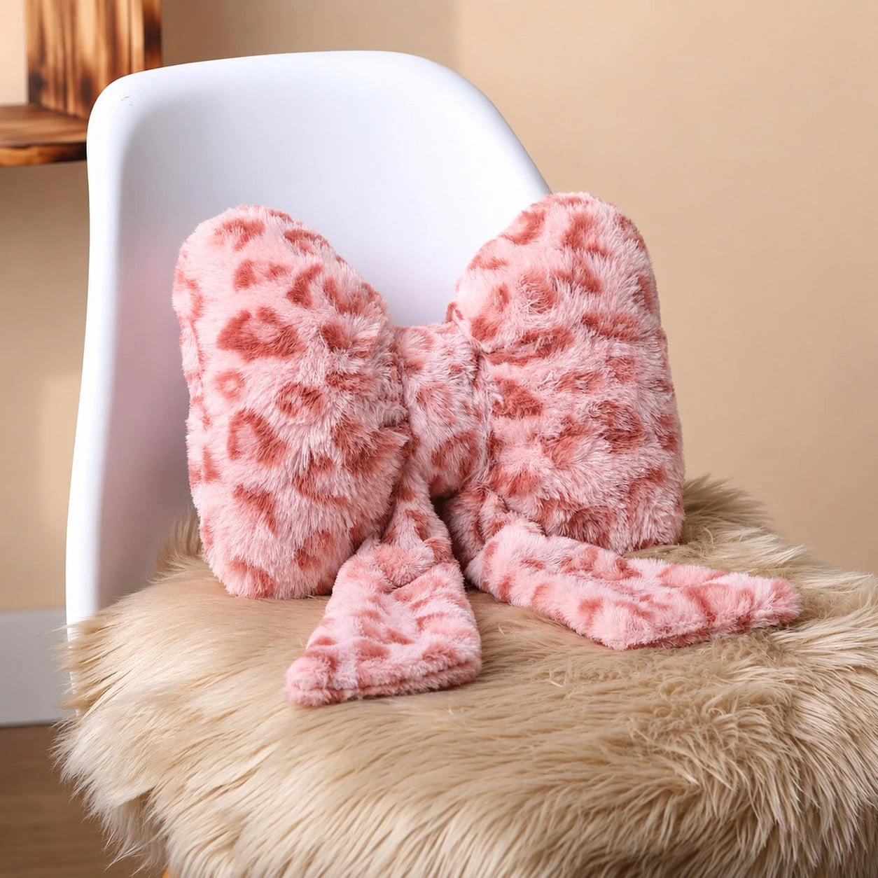 2 Pcs Car Neck Pillow Plush Bow Headrest Pillow Beige Leopard Seat Neck Support Accessories For Driving Travel
