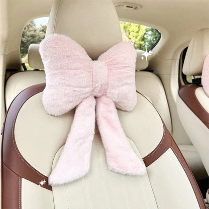 2 Pcs Car Neck Pillow Plush Bow Headrest Pillow Beige Leopard Seat Neck Support Accessories For Driving Travel