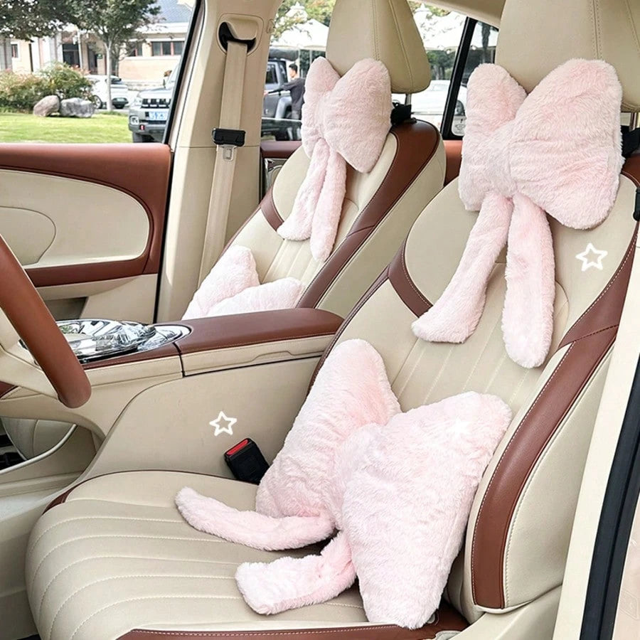 2 Pcs Car Neck Pillow Plush Bow Headrest Pillow Beige Leopard Seat Neck Support Accessories For Driving Travel