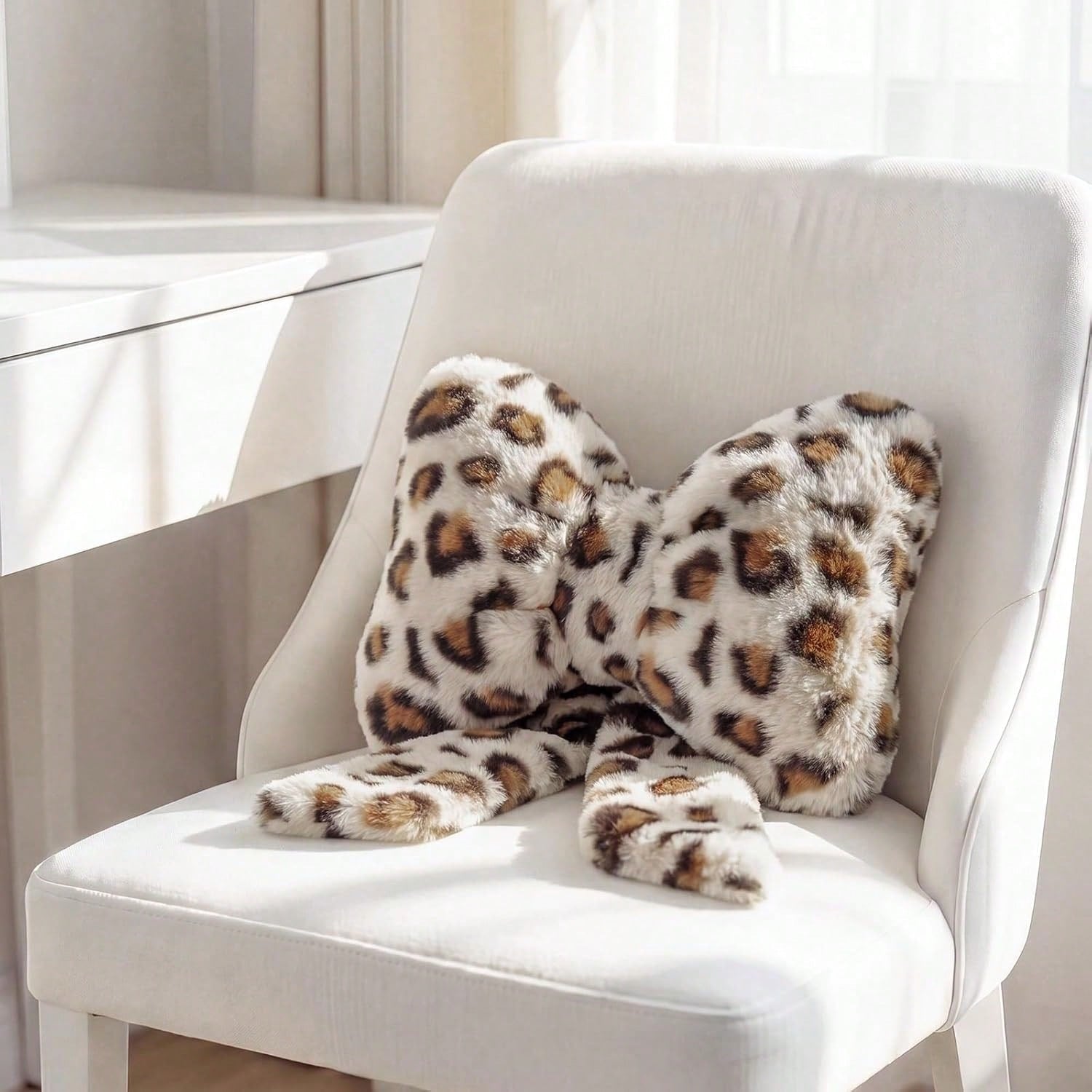 2 Pcs Car Neck Pillow Plush Bow Headrest Pillow Beige Leopard Seat Neck Support Accessories For Driving Travel