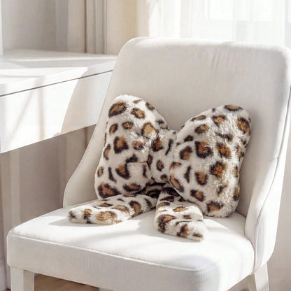 2 Pcs Car Neck Pillow Plush Bow Headrest Pillow Beige Leopard Seat Neck Support Accessories For Driving Travel