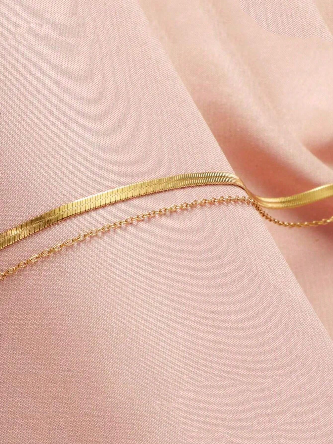 2 Pcs Gold Stainless Steel Plated Flat Chain Anklet Set, Suitable For Travel, Beach, Girlfriend, Mother Gifts