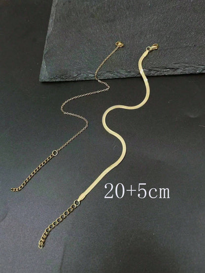 2 Pcs Gold Stainless Steel Plated Flat Chain Anklet Set, Suitable For Travel, Beach, Girlfriend, Mother Gifts