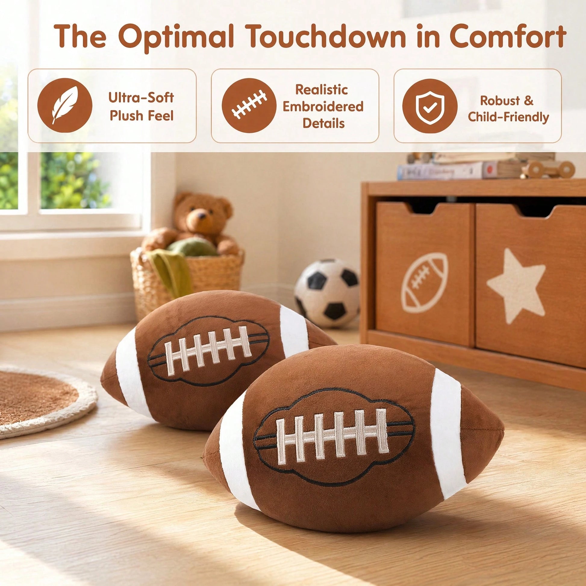 2 Pcs Plush Basketball Baseball Football Rugby Pillow Soft Fluffy Sports Stuffed Throw Pillow Cute Ball Cushion For Bedroom Nursery Room Decoration(Football, 11.8 X 7.8 Inch)