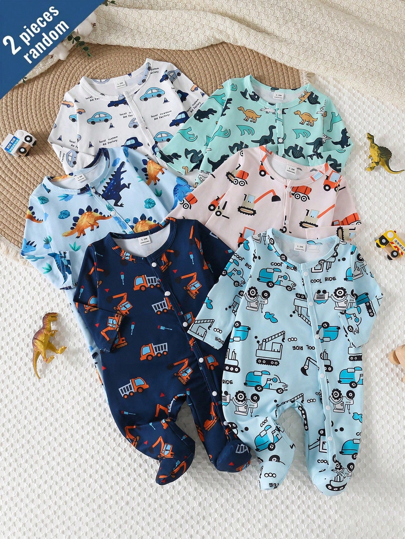 [2 Sets Random] 3-Piece Newborn Baby Long Sleeve & Footed Homewear White Blue Dinosaur Truck Print Soft Knit Spring Autumn Sleepwear