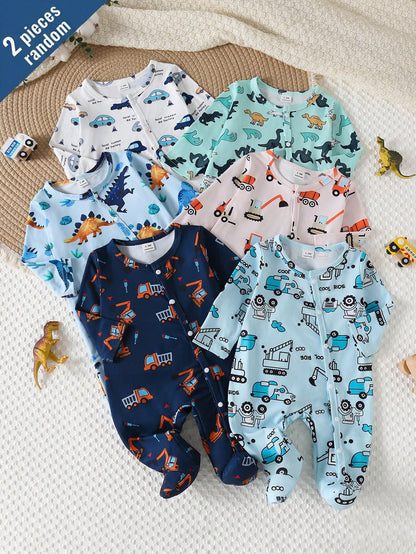 [2 Sets Random] 3-Piece Newborn Baby Long Sleeve & Footed Homewear White Blue Dinosaur Truck Print Soft Knit Spring Autumn Sleepwear