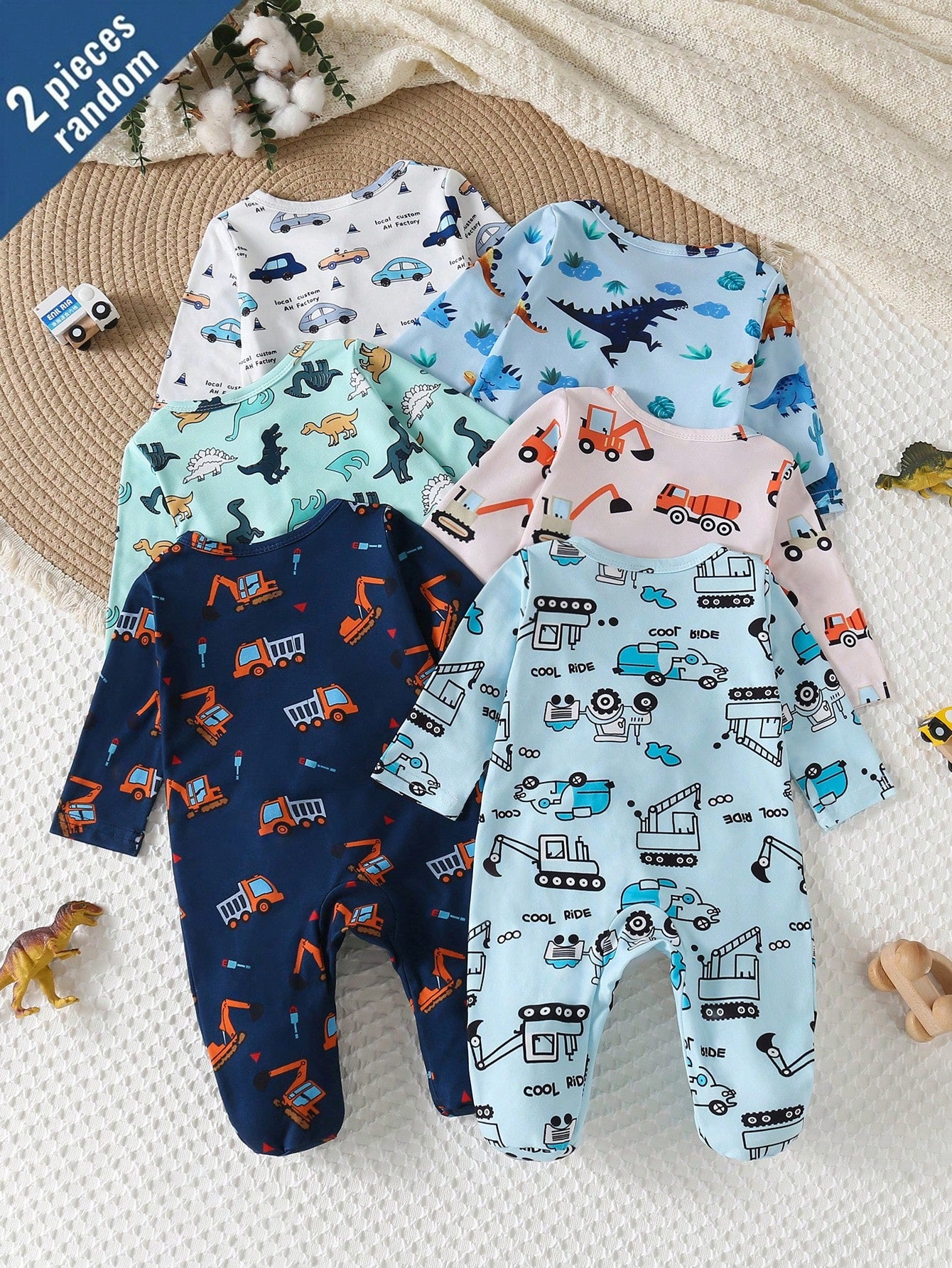 [2 Sets Random] 3-Piece Newborn Baby Long Sleeve & Footed Homewear White Blue Dinosaur Truck Print Soft Knit Spring Autumn Sleepwear