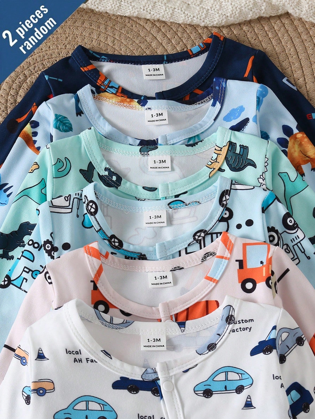 [2 Sets Random] 3-Piece Newborn Baby Long Sleeve & Footed Homewear White Blue Dinosaur Truck Print Soft Knit Spring Autumn Sleepwear