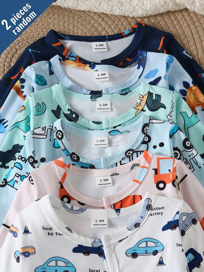 [2 Sets Random] 3-Piece Newborn Baby Long Sleeve & Footed Homewear White Blue Dinosaur Truck Print Soft Knit Spring Autumn Sleepwear