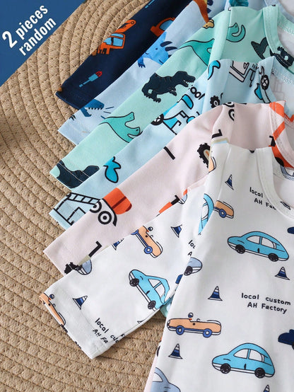 [2 Sets Random] 3-Piece Newborn Baby Long Sleeve & Footed Homewear White Blue Dinosaur Truck Print Soft Knit Spring Autumn Sleepwear