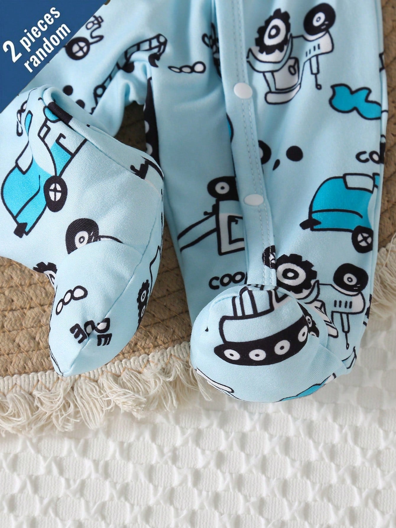 [2 Sets Random] 3-Piece Newborn Baby Long Sleeve & Footed Homewear White Blue Dinosaur Truck Print Soft Knit Spring Autumn Sleepwear