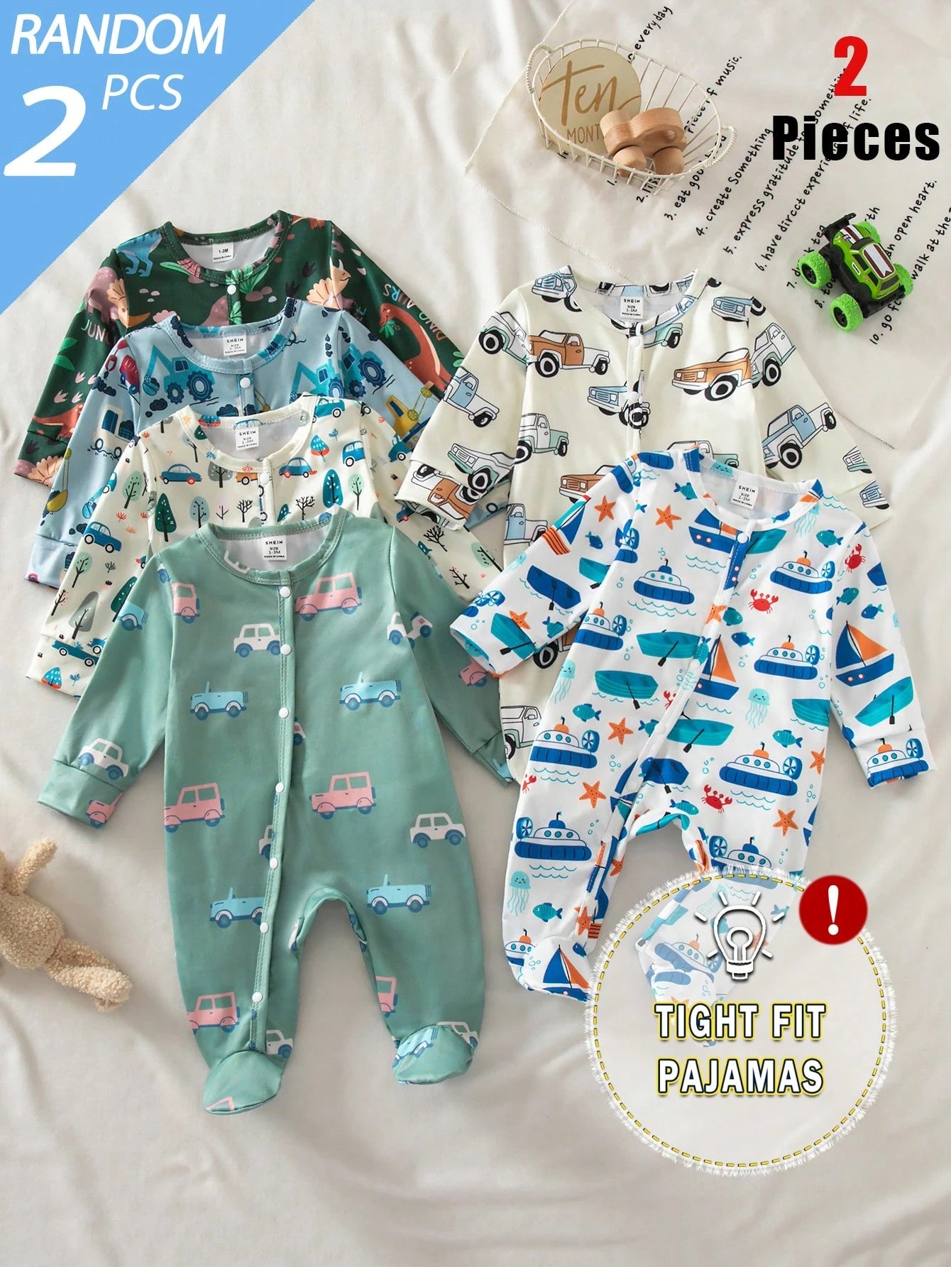 [2 Sets Random] 3-Piece Newborn Baby Long Sleeve & Footed Homewear White Blue Dinosaur Truck Print Soft Knit Spring Autumn Sleepwear