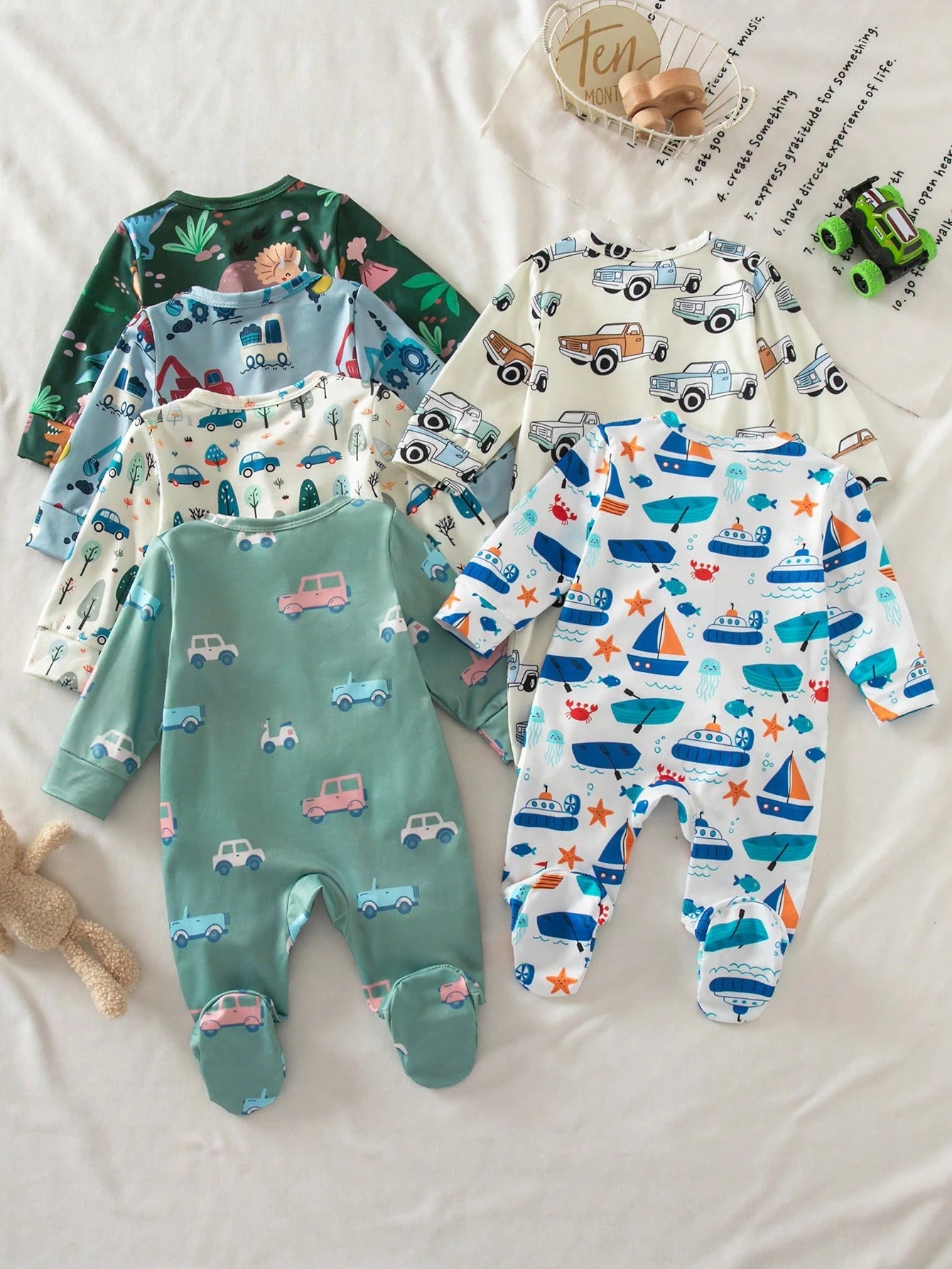[2 Sets Random] 3-Piece Newborn Baby Long Sleeve & Footed Homewear White Blue Dinosaur Truck Print Soft Knit Spring Autumn Sleepwear
