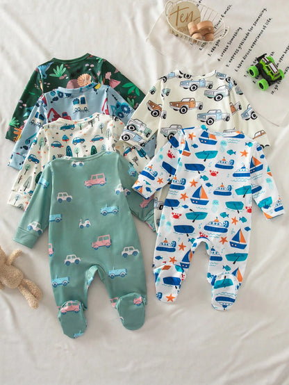[2 Sets Random] 3-Piece Newborn Baby Long Sleeve & Footed Homewear White Blue Dinosaur Truck Print Soft Knit Spring Autumn Sleepwear