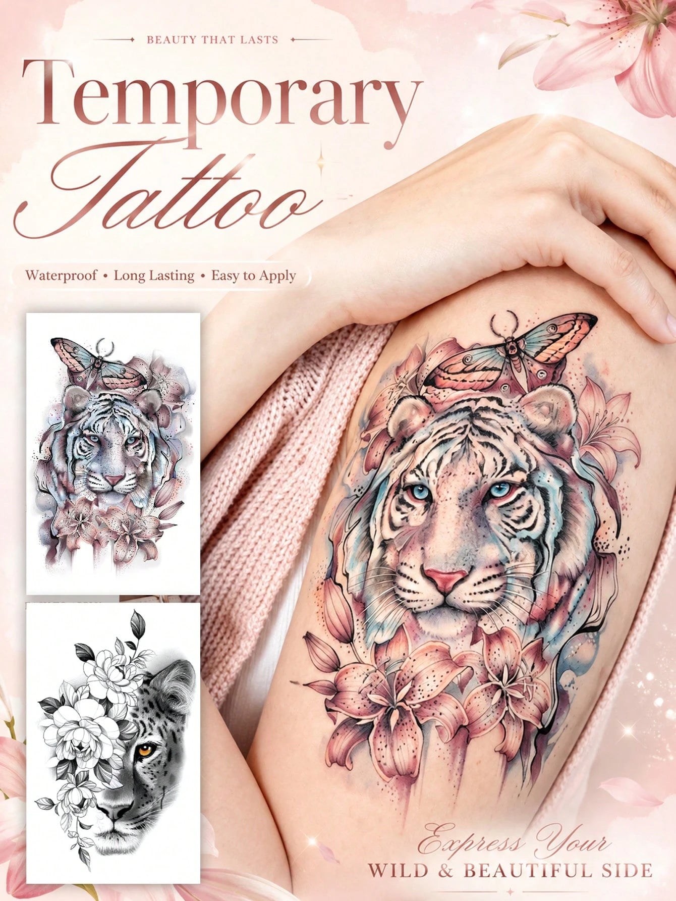 2 Sheets Temporary Tattoo Stickers For Women Or Men, Colorful Black Sexy Animal Style Tiger Butterfly And Leopard Flowers Pattern, Waterproof Fake Tattoo, Lasts 2-5 Days, Covering Scars, Suitable For