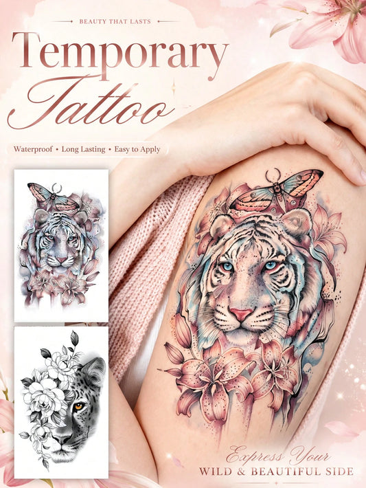 2 Sheets Temporary Tattoo Stickers For Women Or Men, Colorful Black Sexy Animal Style Tiger Butterfly And Leopard Flowers Pattern, Waterproof Fake Tattoo, Lasts 2-5 Days, Covering Scars, Suitable For
