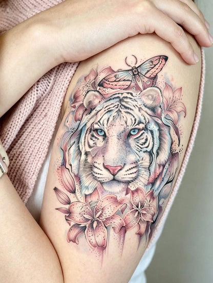 2 Sheets Temporary Tattoo Stickers For Women Or Men, Colorful Black Sexy Animal Style Tiger Butterfly And Leopard Flowers Pattern, Waterproof Fake Tattoo, Lasts 2-5 Days, Covering Scars, Suitable For