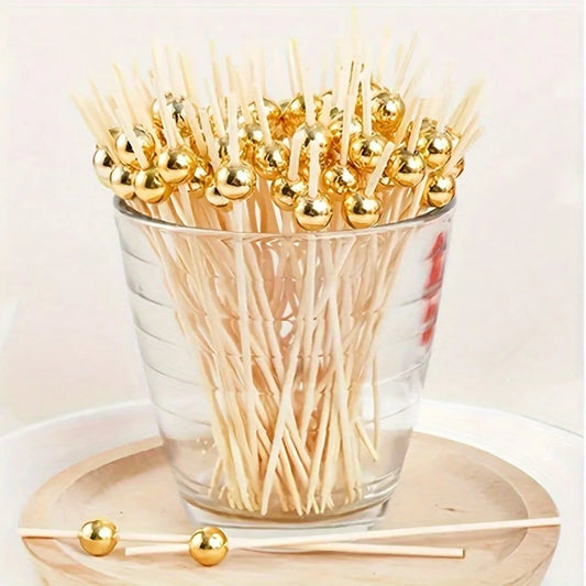 200/100/50/20/10 Pcs Gold Pearl Bamboo Skewers, Suitable For Decorating Tabletops, Desserts, Fruit Kebabs For Parties, Birthdays, Weddings, Clubs, Fruit, Cupcakes, Burgers, Barbecue, Snacks, 4.72 Inch