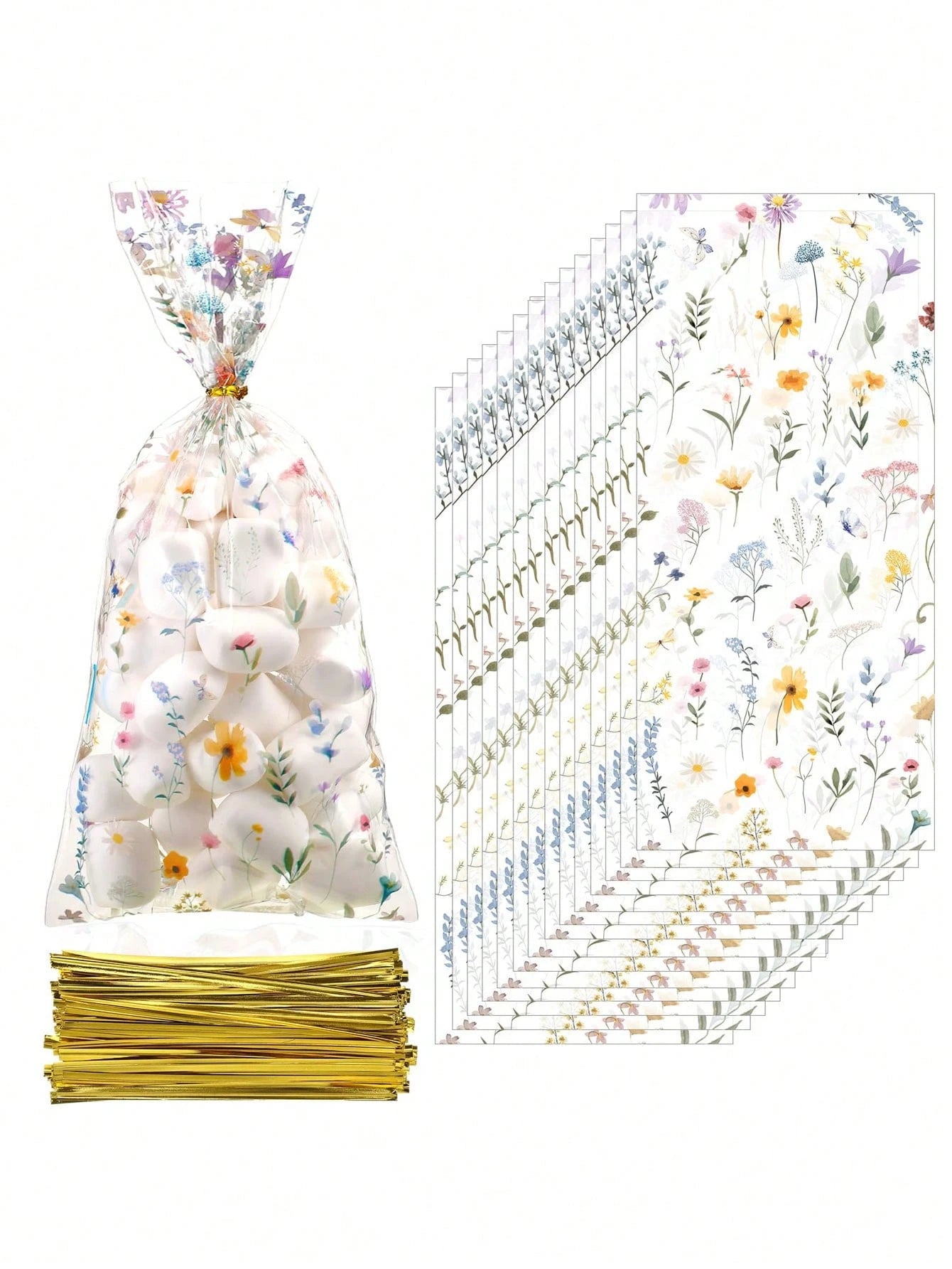 200pcs/100pcs- Wild Flower Party Glass Paper Snack Bags, Floral Candy Plastic Transparent Gift Bags, Flat Bottom Gift Bags, Suitable For Baby Shower, Bridal Shower, Birthday Party, Wedding Party Favo
