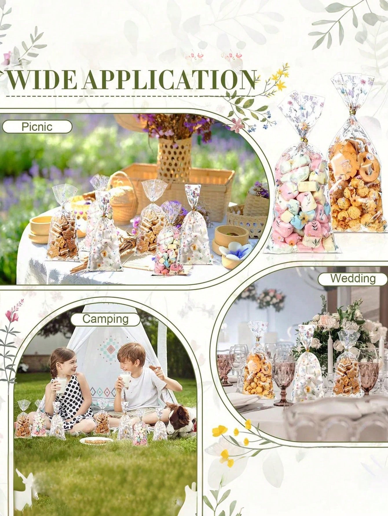 200pcs/100pcs- Wild Flower Party Glass Paper Snack Bags, Floral Candy Plastic Transparent Gift Bags, Flat Bottom Gift Bags, Suitable For Baby Shower, Bridal Shower, Birthday Party, Wedding Party Favo