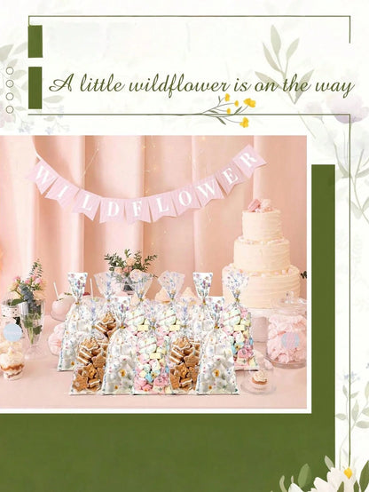 200pcs/100pcs- Wild Flower Party Glass Paper Snack Bags, Floral Candy Plastic Transparent Gift Bags, Flat Bottom Gift Bags, Suitable For Baby Shower, Bridal Shower, Birthday Party, Wedding Party Favo