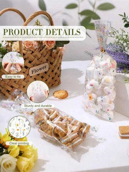 200pcs/100pcs- Wild Flower Party Glass Paper Snack Bags, Floral Candy Plastic Transparent Gift Bags, Flat Bottom Gift Bags, Suitable For Baby Shower, Bridal Shower, Birthday Party, Wedding Party Favo