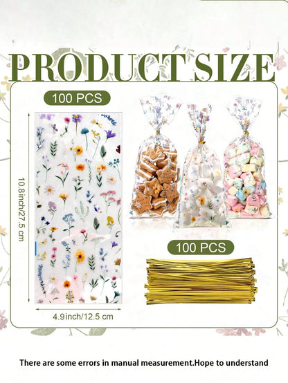 200pcs/100pcs- Wild Flower Party Glass Paper Snack Bags, Floral Candy Plastic Transparent Gift Bags, Flat Bottom Gift Bags, Suitable For Baby Shower, Bridal Shower, Birthday Party, Wedding Party Favo