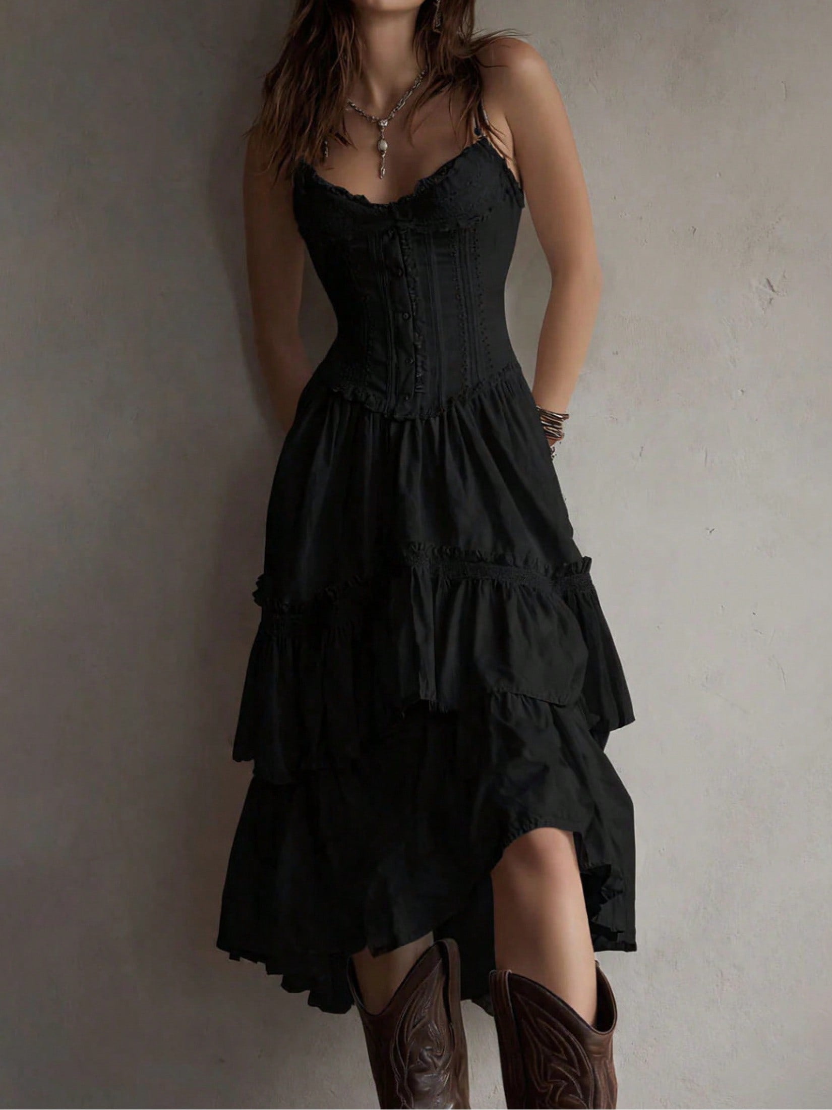 2026 European And American Women's Clothing Lace Trim Camisole Dress Cake Skirt With Back Tie Dress