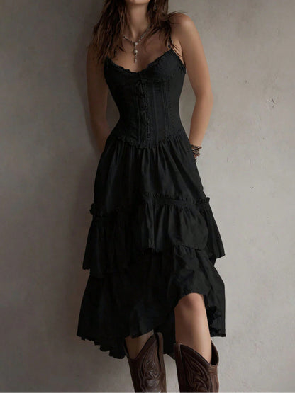 2026 European And American Women's Clothing Lace Trim Camisole Dress Cake Skirt With Back Tie Dress