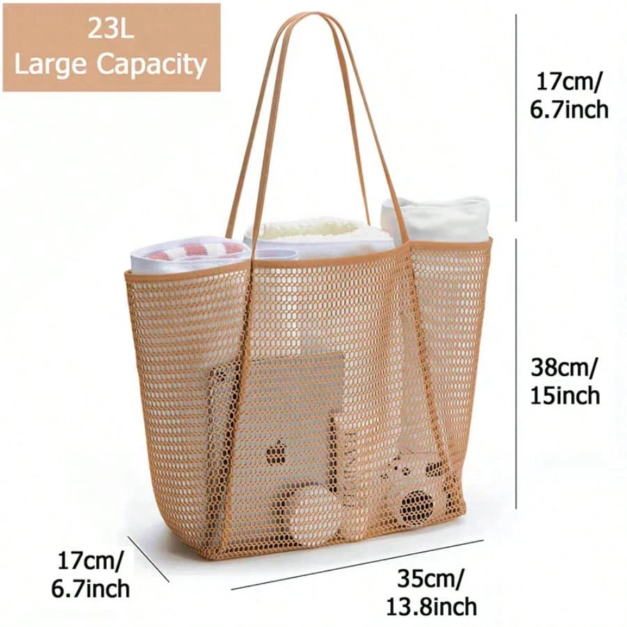 2026 Large Mesh Beach Bag For Women Sandproof Beach Tote With Zipper Pockets And Anti-Sand Bottom For Vacation Summer Essentials Pool Travel(Khaki)