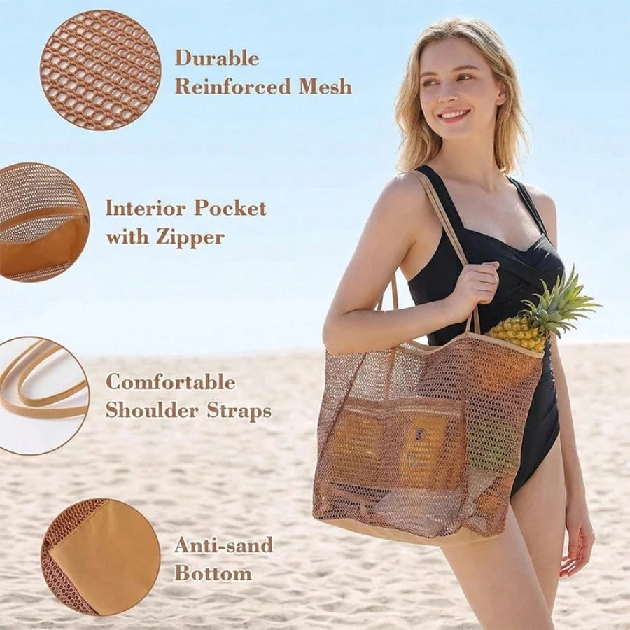 2026 Large Mesh Beach Bag For Women Sandproof Beach Tote With Zipper Pockets And Anti-Sand Bottom For Vacation Summer Essentials Pool Travel(Khaki)
