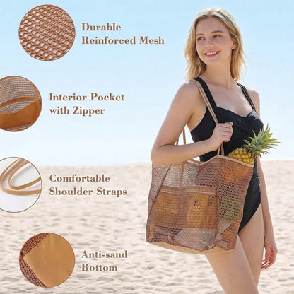 2026 Large Mesh Beach Bag For Women Sandproof Beach Tote With Zipper Pockets And Anti-Sand Bottom For Vacation Summer Essentials Pool Travel(Khaki)