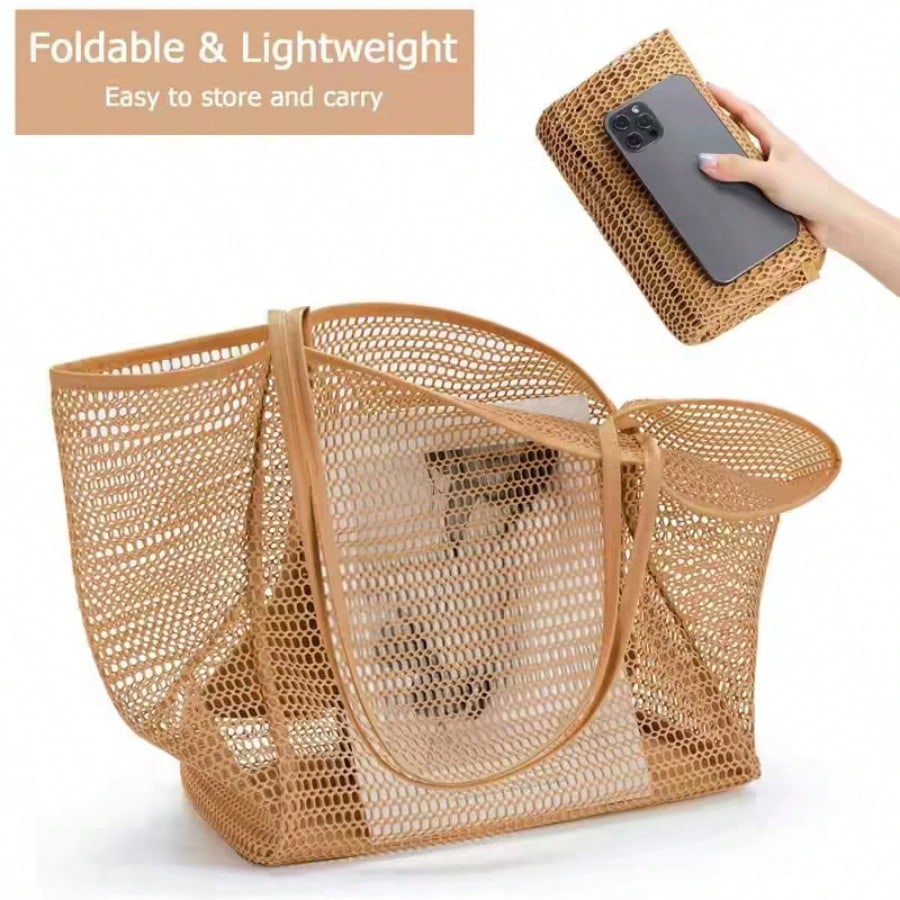 2026 Large Mesh Beach Bag For Women Sandproof Beach Tote With Zipper Pockets And Anti-Sand Bottom For Vacation Summer Essentials Pool Travel(Khaki)