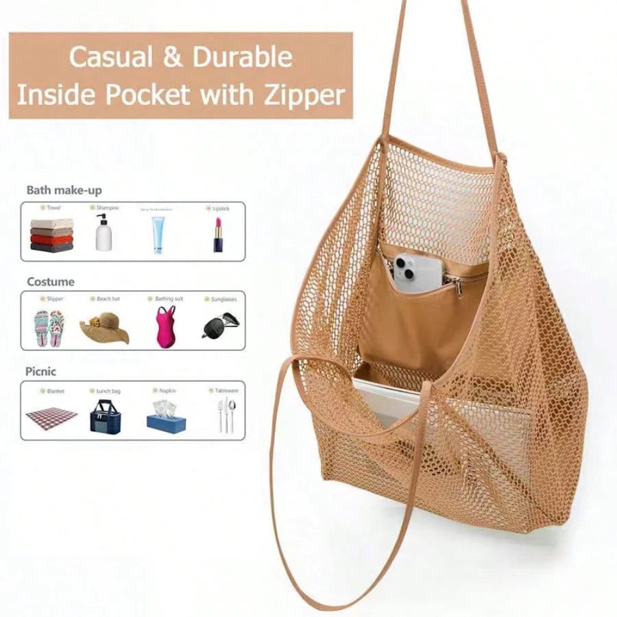 2026 Large Mesh Beach Bag For Women Sandproof Beach Tote With Zipper Pockets And Anti-Sand Bottom For Vacation Summer Essentials Pool Travel(Khaki)