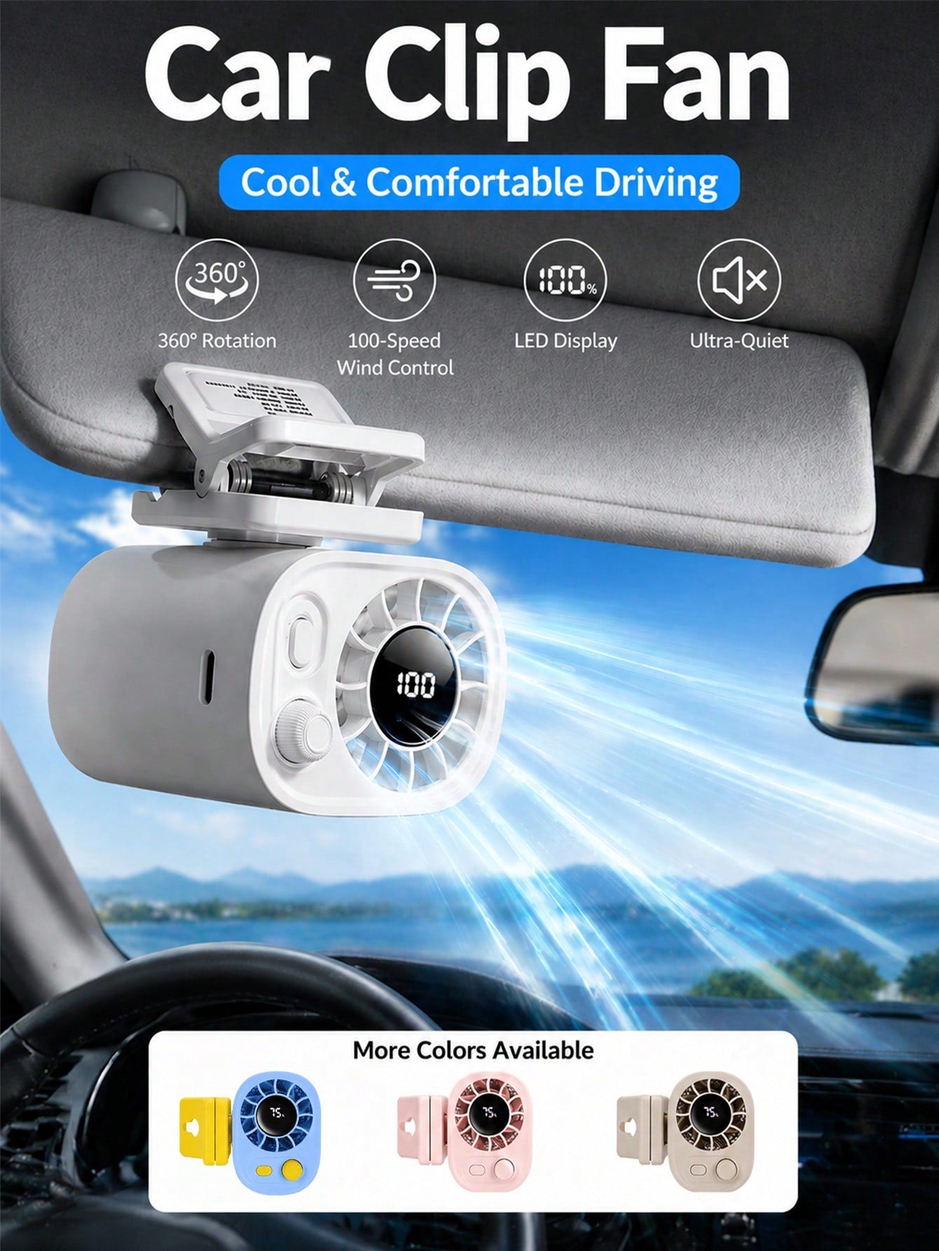2026 New Car Clip-On Fan With LED Display- USB Rechargeable Backseat Cooling Fan, 100 Adjustable Wind Speeds & 360° Rotation, 1200/1400mAh Powerful Air Circulator, Suitable For SUV, RV, Van, Pickup T