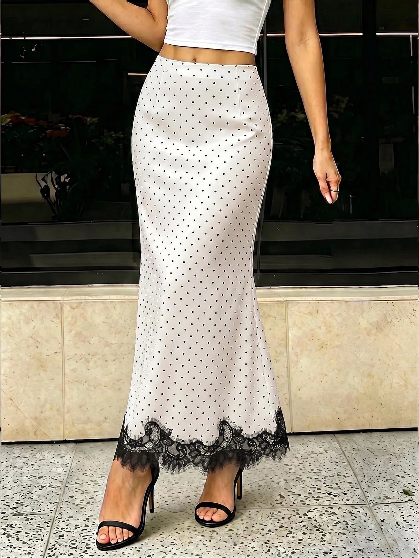 2026 New Elegant Commuter Style Women's Black & White Polka Dot Lace Patchwork Skirt, Summer Spring