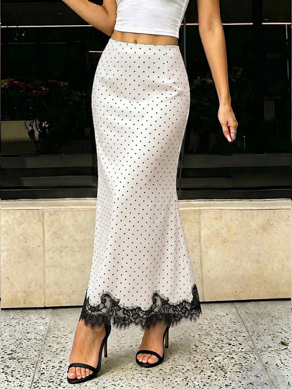2026 New Elegant Commuter Style Women's Black & White Polka Dot Lace Patchwork Skirt, Summer Spring