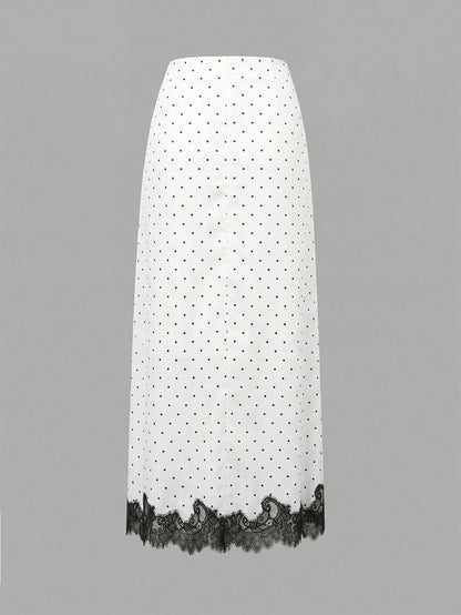 2026 New Elegant Commuter Style Women's Black & White Polka Dot Lace Patchwork Skirt, Summer Spring