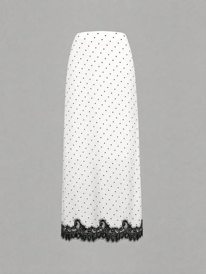 2026 New Elegant Commuter Style Women's Black & White Polka Dot Lace Patchwork Skirt, Summer Spring